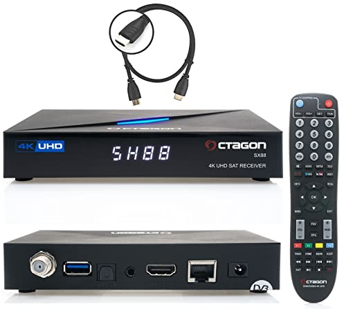 Octagon SX88 4K Linux Sat Receiver + HM-SAT HDMI Kabel, mit PVR Aufnahmefunktion, UHD Smart TV Streaming Box, to IP, Unicable, Mediathek, YouTube, Radio, HDR HLG Multistream Blindscan, schwarz
