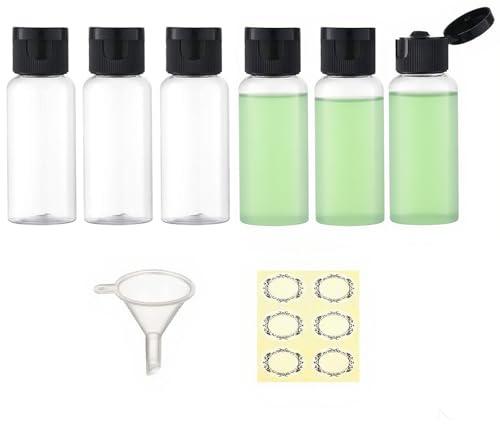 Apstaqeoo 6 st 50 ml plastflaskor med flip-lock, tomma klämflaskor, påfyllningsbara resebehållare med tratt och etikett, TSA godkänd för vätskor, lotion, toalettartiklar, kosmetika (genomskinlig)