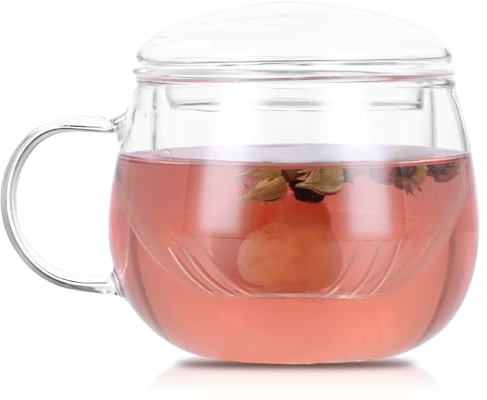 Wisebom Tazas de Te con Filtro y Tapa, 350ml Vaso de Te Todo en Uno con Filtro y Tapa Taza de Te de Vidrio Borosilicato para Te Negro Te Verde Té de Frutas