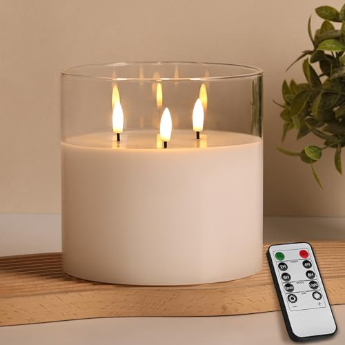 Eywamage 3 Wick Clear Glass Flameless Pillar Candle with Remote Timer, 6x6 Flickering LED Wax Battery Candle