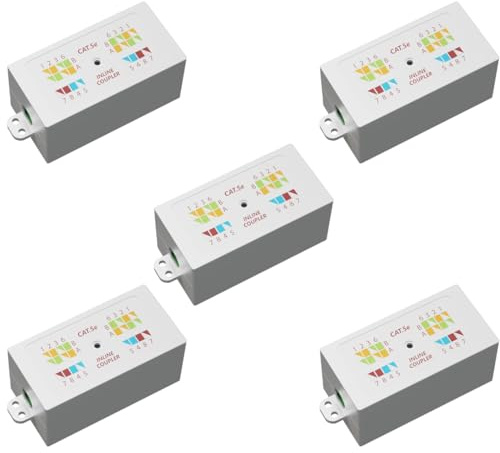 rhinocables Cat 5e Inline RJ45 Connector | Gigabit Punchdown Krone Joiner for Solid Ethernet Cables | Compact Colour-Coded IDC Junction Box for Indoor Network Routing & Maintenance, White (5 Pack)