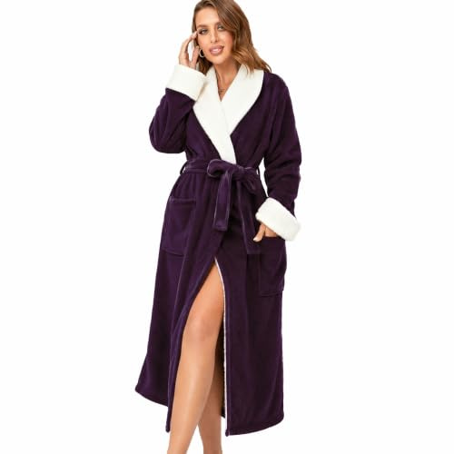 RONGTAI Peignoir en Polaire pour Femme, Peignoir Long avec Deux Poches latérales et Ceinture, Chemise de Nuit Chaude et Confortable