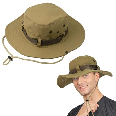 FUIPVGI Sonnenhut Herren, Breite Krempe Dschungel- und Sommerhut mit Kinnriemen, Faltbar Boonie Safari Wanderhut