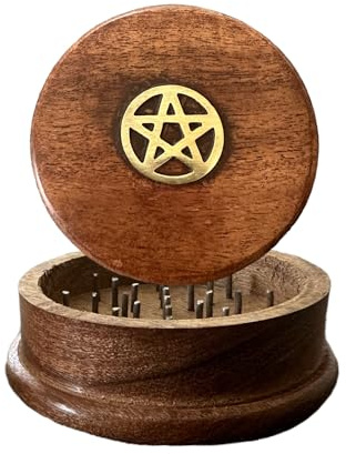 Wood Food Spice Herb Grinder Wooden Brass Inlay Pentagram, 3 inch