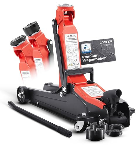 Arebos Hydraulischer Rangierwagenheber 2T – Flachheber mit Unterfahrhöhe 85-385 mm – inkl. 4 Gummiauflagen – Wagenheber für Auto PKW KFZ – robuster Heber & Ständer für Werkstatt und Garage