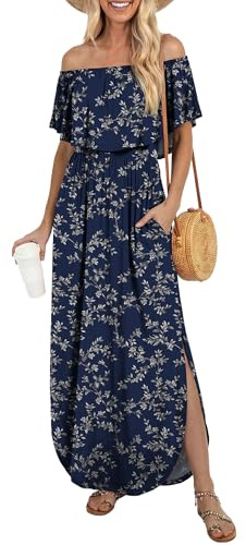LILBETTER Womens Off The Shoulder Ruffle Party Dresses Side Split Beach Maxi Dress(Navy Blue Leaves Medium)