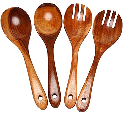 Sirxlevcy Servidores de Ensalada de Madera Juego de 4 Cubiertos Cuchara Tenedor Cuchara de Ensalada de Madera, Tenedor para