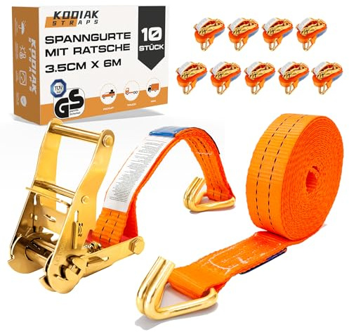 10 Stycken Spännremmar 6m x 2000kg med Spärrhake och Krok - 35mm Surrband med Spännbroms - Orange Spännbandsrem för Lastsäkring - TÜV/GS-certifierad, enligt DIN EN 12195-2 - KODIAK STRAPS