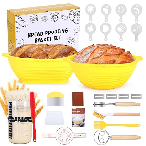 Cexovo Banneton pour Pain,Kit Boulanger Levain,2 Corbeille a Pain set en Silicone Ovale Rond,Banneton Pain,Kit Pain au Levain Complet,Kit Boulangerie Professionnel pour Débutants,Boulangers