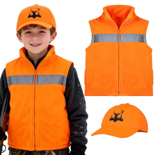 Haull 2 Pcs Kids Hunting Orange Fleece Vest and Hat Set Orange High Visibility Reflective Hunting Safety Vests(Medium,Peaked Cap)