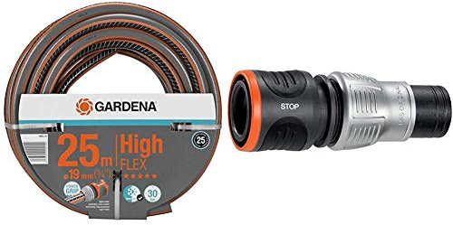 Tuyau d'Arrosage Comfort Highflex de Gardena 19 Mm (3/4), 25 M : Tuyau à Profil Power-Grip, 30 Bars & Raccord d'Arrosage Premium Aquastop 19 mm (3/4) : Aquastop, Bon Maintien du Tuyau, Emballé