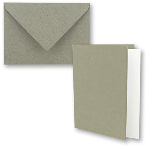 50x Vintage Kraftpapier Faltkarten SET - hellgrau (grau) - mit Umschlägen und Einlegern DIN B6-12 x 16,9 cm - blanko Recycling Klappkarten - GUSTAV NEUSER