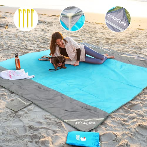 COVACURE Beach Blanket Mat with 3 Zipper Pockets, Extra Large 210 x 200cm Water Resistant Sand Proof Picnic Blanket for Camping, Hiking, Picnic (Blue)