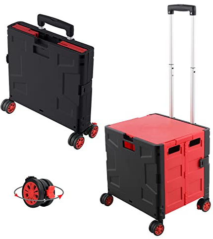 FELICON Folding Utility Cart Portable Rolling Crate Handcart with Durable Heavy Duty Plastic Telescoping Handle Collapsible Hidden Lid 4 Rotate Wheels for Travel Shop Move Office Teacher(Red&Black)