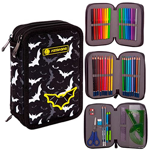 Astra Bag Mäppchen 3-Fach Nightbats 3-Fach Federtasche Mäppchen 3-stöckig XXL mit 46 Zubehörteilen schwarz