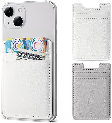 2Pack Phone Wallet,Leather Phone Card Holder Adhesive Stick On Credit Card Pocket for Back of Phone Case iPhone and Android-White,Grey