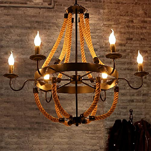 Vintage-Seil Retro Hanfseil E14 Hängeleuchte Antik Pendelleuchte Loft Rustikale Industrie Pendellampe Höhenverstellbar Hängelampe Esstisch Kronleuchter Küche Wohnzimmer Bar Cafe Deckenleuchte 6 Heads