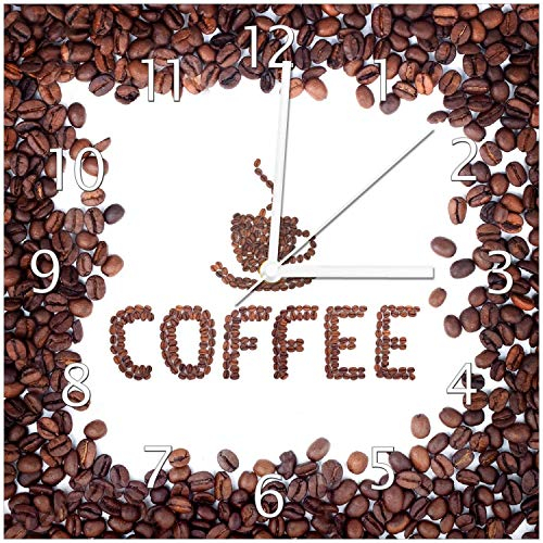 Wallario Design-Wanduhr Kaffee Schrift aus Kaffeebohnen aus Glas, Motiv-Uhr Größe 30 x 30 cm, weiße Zeiger