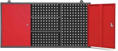 Jan Nowak Väggskåp, verktygsskåp, verkstadsskåp, metallskåp, hålvägg, 2 justerbara hyllor, 2 fack, 120 cm x 60 cm x 20 cm (antracitröd)