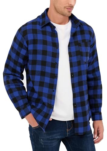 Yukiuiny Camicia Flanella a Quadri 100% Cotone per Uomo Maniche Lunghe - Blusa Casual con Chiusura a Bottoni(Blu Nero,XXL)