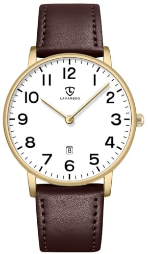 aswan watch Flache Herren Analog Quarz Armbanduhr mit Lederarmband, Datum, 2 Zeiger, 39 mm Gehäusegröße
