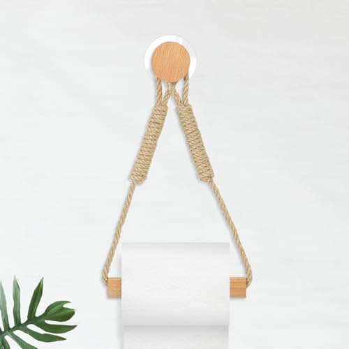 Porte-papier toilette en bois avec anneau de corde nautique rustique pour rouleaux de papier de soie à fixation murale, accessoires de salle de bain en rotin nautique avec vis auto-adhésive sans