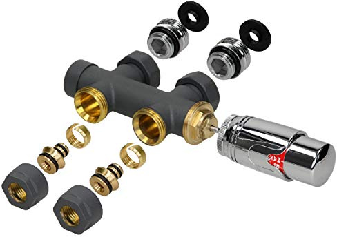 LuxeBath Set Collegamento Centrale per Radiatore Multiblocco Transversale Antracite Termostato 5 Livelli Idrosensore Filettatura Collegamento 1/2 per Termosifone Caloriferi Filettatura Esterna G3/4