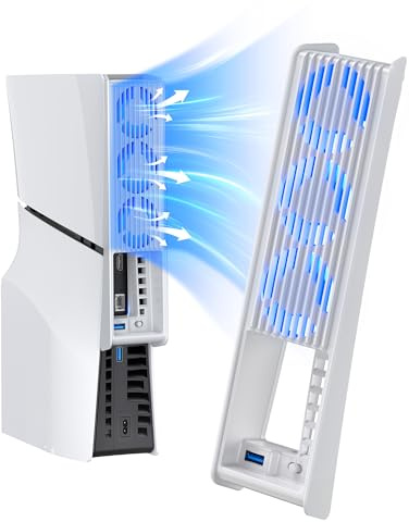 Fan for PS5 Slim, PS5 Slim Fan with Auto Speed Setting, Quieter Cooling Accessories with LED Light and USB3.0 Hubs, for PS5 Slim Disc and Digital Editions (White) | För 2023 PS5 smal skiva/digitala modeller med en horisontell linje på sidopanelen. Inte för PS5 2020 eller Pro 2024, vit