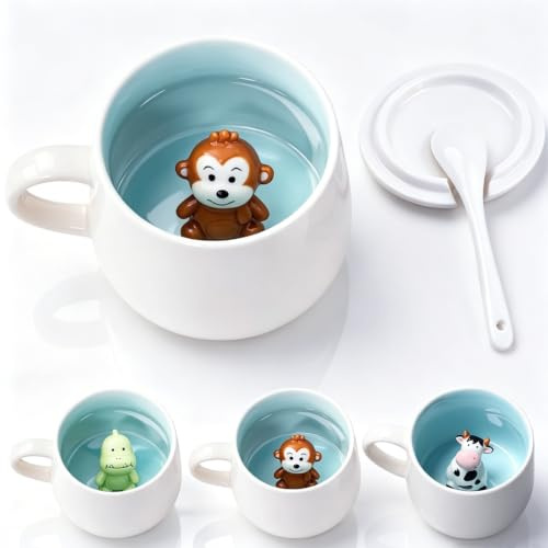3D Tier in süßer Tasse – Kaffeetasse mit Deckel und Löffel, 350 ml Keramiktasse mit Überraschungseffekt, süßer Hingucker als Geburtstagsgeschenk für Frauen & beste Freundin