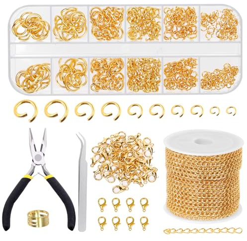 Swpeet 504 st guld 3 mm kit för smyckestillverkning kedjor med bindringar, smyckestång, böjda pincetter, bindringsöppnare och hummerlås, smyckestillverkning verktyg för halsbandstillverkning