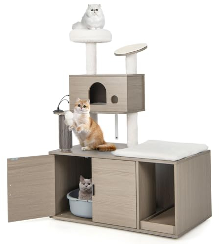 GOPLUS Katzenbaum mit Katzenschrank, All-in-One Kratzbaum mit Höhle, Kratzstämmen, Sisal-Kratzmatten, baumelnden Bällen, Fellpfleger, Moderne Katzenmöbel für Wohnungskatzen (95 x 55,5 x 132 cm)