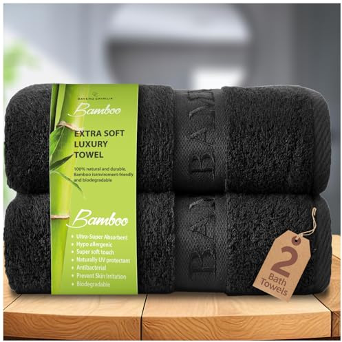 GC GAVENO CAVAILIA Bamboo Bath Towels Set | Pack of 2 Ultra Absorbent Big Bath Towels | 550 GSM Quick Drying Anti Bacterial Shower Towels | Black 70x120 Cm