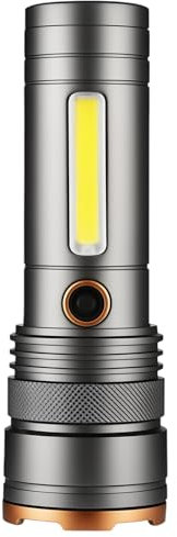 LED Taschenlampe aus Aluminium, Extrem Hell, USB-C Aufladbar, Zoombare Mini-Handlampe mit 4 Lichtmodi, Wasserdicht und auch als Powerbank Nutzbar - Perfekt für Camping, Wandern & Notfälle (Silber)