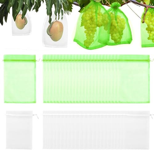TRKETK 50 Stück Obstschutzbeutel, Organzabeutel für Weintrauben Fruchtschutzbeutel mit Kordelzug Garten-Obstabdeckung Netzbeutel Wiederverwendbare Obstnetzbeutel für Obstbäume (Weiß + Fruchtgrün)