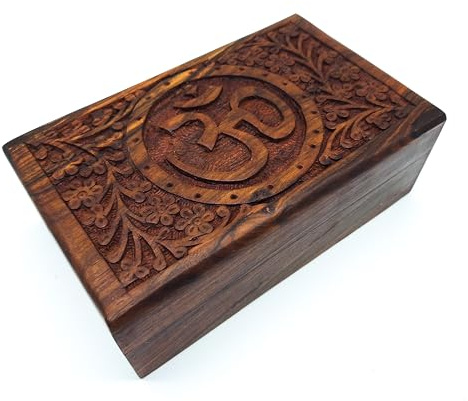 AB India Crafts Handgefertigte Holz Box Schatulle Größe L mit Mantra Om Aum Symbol für Geschenk Schmuck Aufbewahrung | Spiritualität Lifestyle Indien (Größe L 20x12,5x7 cm Gewicht ca. 600 g)