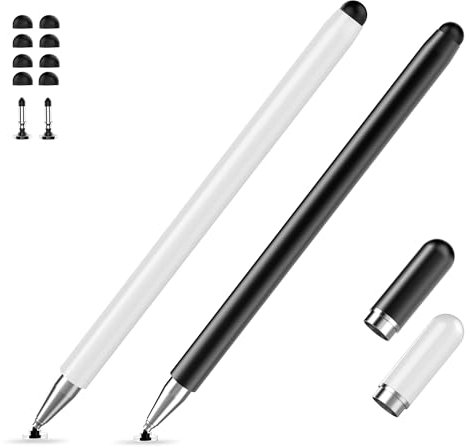2er-Pack Tablet-Stift für alle Touchscreen-Tablets-kompatibel mit IOS, Android, Surface, Smartphone, 2-in-1-Präzisionsscheibenspitze und Silikonspitze, Kein Aufladen erforderlich, Schwarz/Weiß
