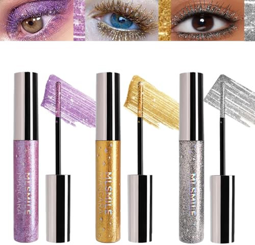 Baorder 3 Farben Glitter Mascara Eyeshadow,Verlängernde Curling Volume Mascara,Sparkling Silver/Gold/Purple Diamond Mascara,Waterproof Colorful Lashes for Eyelashes Party Stage Use