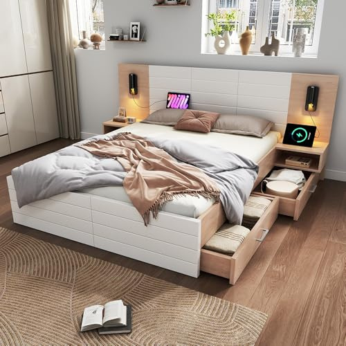 Ensemble de lit Double en Bois 160×200cm, lit Adulte avec 2 tiroirs, Lampe de Chevet avec Chargeur USB, Cadre de lit Moderne avec 2 Tables de Chevet (Matelas Non Inclus)