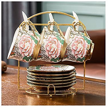 VNGBFGDFVN Juego de Tazas de té Juego de Tazas de té de Porcelana Juego de Tazas de café de Porcelana China con platillos Cuchara y Soporte de Metal Tazas de Capuchino