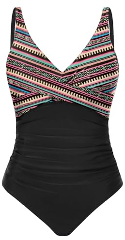 CMTOP Women's One-Piece Swimsuits V Neck Halter Swimming Costume Women Tummy Control Swimwear, Ruched Bathing Suit, Padded Push-Up Ladies Swimsuit for Beach,Pool,Spas(Bohemian Strips,M)