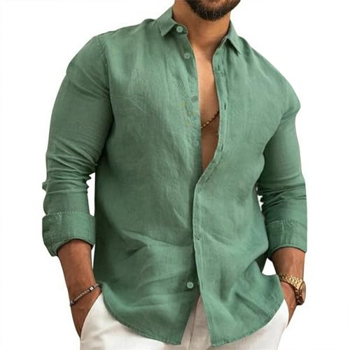 NIBESSER Camisa de Lino Hombre Manga Larga Elegante Slim Fit Casual con Botones y Cuello Clásico Transpirable para Vacaciones Mar Playa