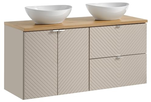 Lomadox Badezimmer Doppelwaschtisch 120 cm in Kaschmir und Eiche, gerillte Front, wandhängend, 2 Keramik-Aufsatzwaschbecken