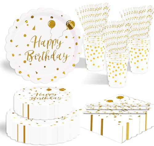 125 Stück Pappteller Partygeschirr,Weiß Gold Fächerförmiger Einweg Geburtstag Pappteller,inkl Pappteller, Becher, Servietten und für Geburtstag Party Supplies