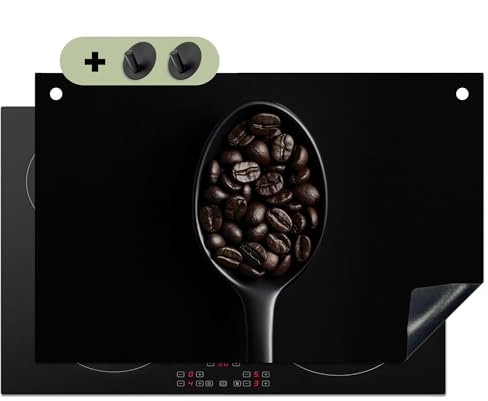 KitchenYeah© Herdabdeckplatte Einteilig Ceranfeld Abdeckplatte Küche Deko | 80x52 cm - Ceranfeldabdeckung Herdabdeckung Induktionsmatte, Spritzschutz Herd Kaffeebohnen - Löffel - Schwarz