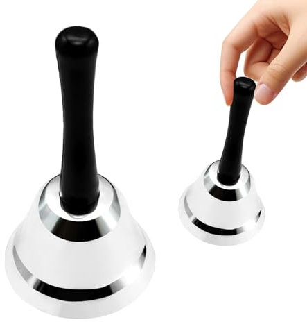 Clochette à main en acier inoxydable avec poignée, sonnette à main, sonnette de réception, sonnette de table, cloche d'appel, pour interrupteur d'hôtel, église, restaurant, école, réception (argenté)