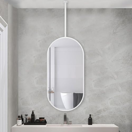NIKSHI Ovaler Deckenspiegel, Wandspiegel mit schwarzem Metallrahmen und Aufhängungsstange mit anpassbarer Aufhängungsstange, Haus- oder Hotelbadezimmer Schminkspiegel,White-40cmx60cm