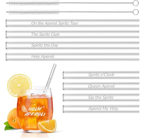 ecooe 8 Stück Aperol Glas Strohhalme mit Aperol Spritz Sprüche, 4 Stück 20 cm + 4 Stück15 cm Glas Strohhalm mit 2 Reinigungsbürste für Apero Cocktails und Säftewiederverwendbare