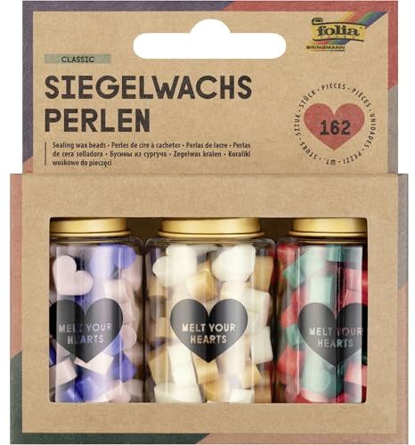 folia 31419 - Siegelwachs Perlen CLASSIC, 162 Wachsperlen in 6 klassischen Farben, 3 Gläser je 54 Perlen mit 3 Farbsortierungen, zum Verzieren von Briefen und Geschenken