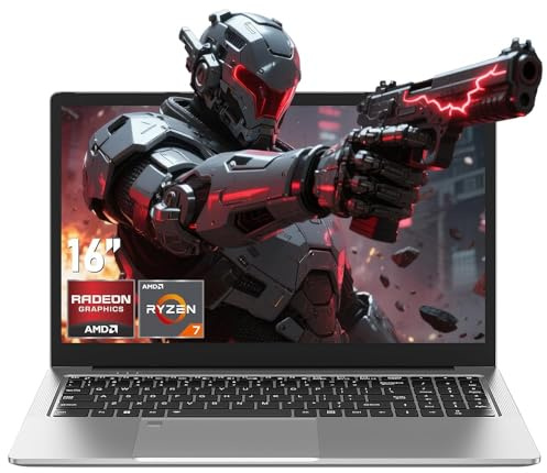 Ordinateur portable de jeux, 16 pouces PC portable 2025 Win 11 Pro, R-7 5825U (8C / 16T, jusqu'à 4,5 GHz), 32 Go de RAM SSD 1 To, clavier rétroéclairé, graphique Radeon, 16 1080P FHD, WiFi6, BT 5.2
