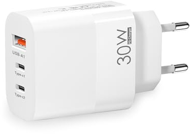 EU plug travel adapter charger, European wall adapter with 2 USB-C fast charging ports and 1 USB-A port, European universal fast charger compatible with iPhone and Samsung